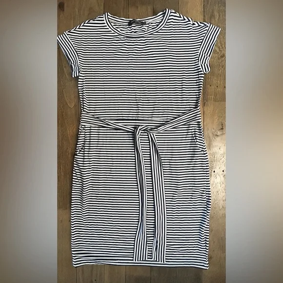 MEROKEETY Striped Navy Blue and White Dress Short sleeve with front tie Nautical - Picture 2 of 13